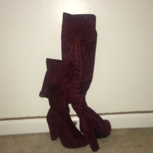 Velvet wine red high heel boots